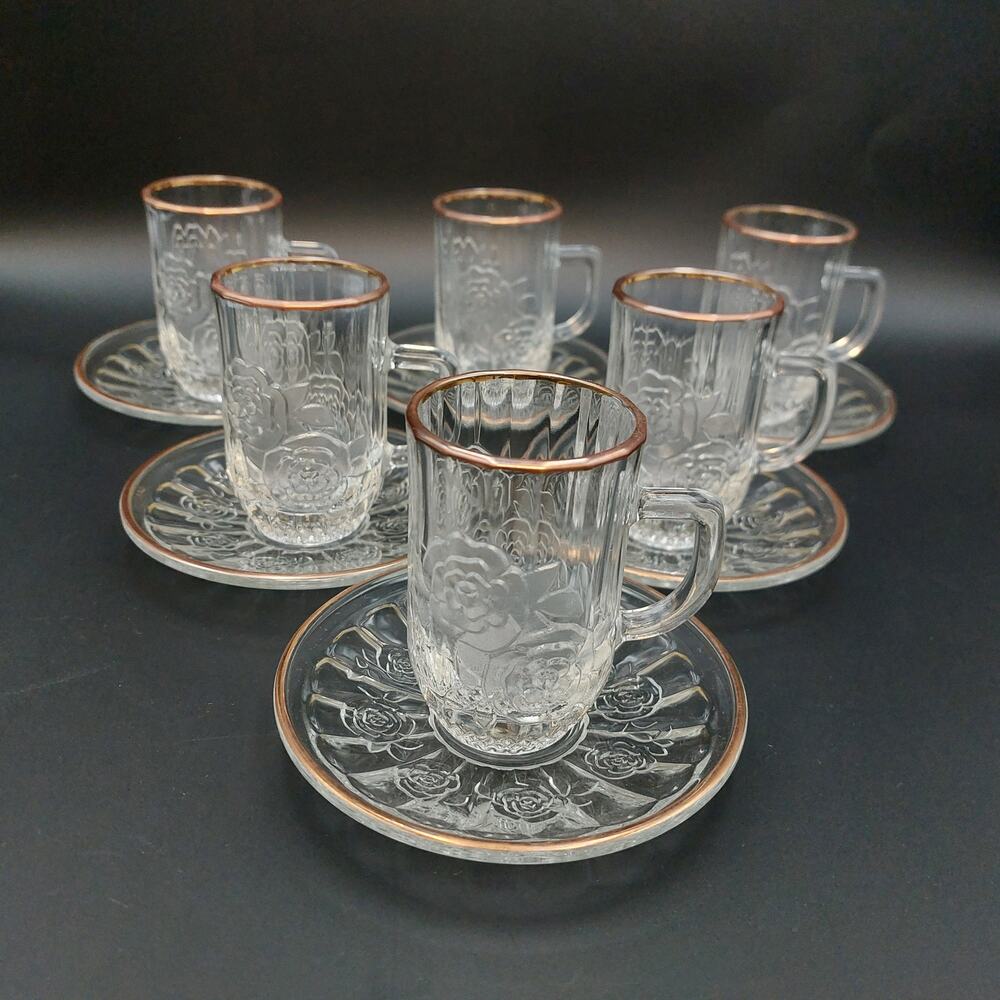 Vintage Parkas Glass Rose Demitasse Cup Saucer Set 12pc Clear Espresso Coffee